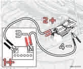 Startování a jízda Nouzové startování Startování s pomocným akumulátorem Je-li akumulátor vozu vybitý, můžete k nastartování motoru využít pomocný akumulátor nebo akumulátor jiného vozu.