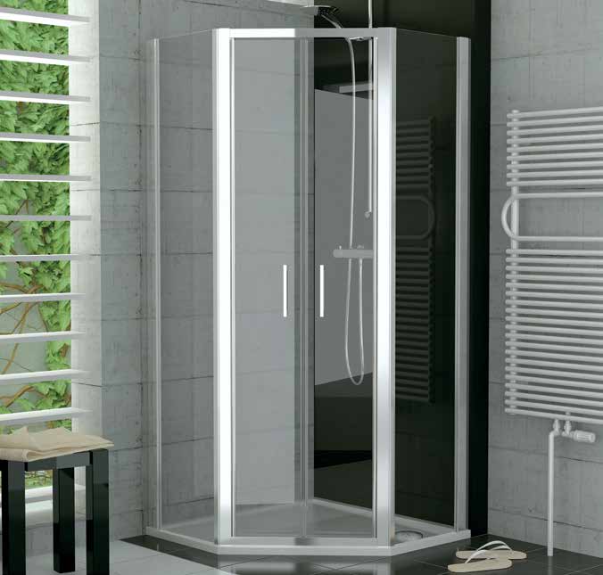 TOP52 - pětiúhelník s dvoukřídlými lítacími dveřmi TOP-LINE TOP52 5 a 6 mm bezpečnostní sklo s antiplakovou úpravou AQUAPERLE Barva bílá, matný elox, aluchrom a sanitární barvy Standardní výška 1900