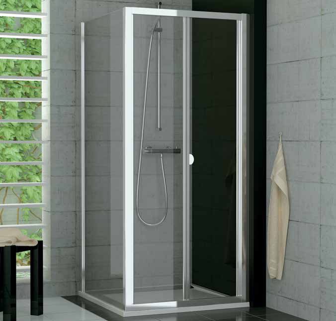TOPK - zalamovací dveře TOP-LINE TOPK TOPF + TOPK 3 mm bezpečnostní sklo s antiplakovou úpravou AQUAPERLE 3 mm plastová výplň Barva bílá, matný elox, aluchrom a sanitární barvy Standardní výška 1900
