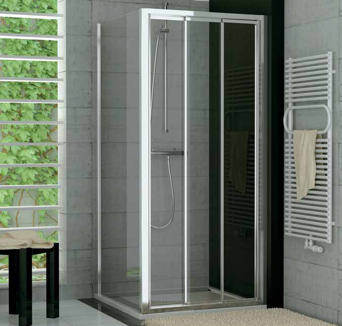 TOPS3 - třídílné posuvné dveře TOP-LINE TOPS3 TOPF + TOPS3 3 mm bezpečnostní sklo s antiplakovou úpravou AQUAPERLE 3 mm plastová výplň Barva bílá, matný elox, aluchrom a sanitární barvy Standardní