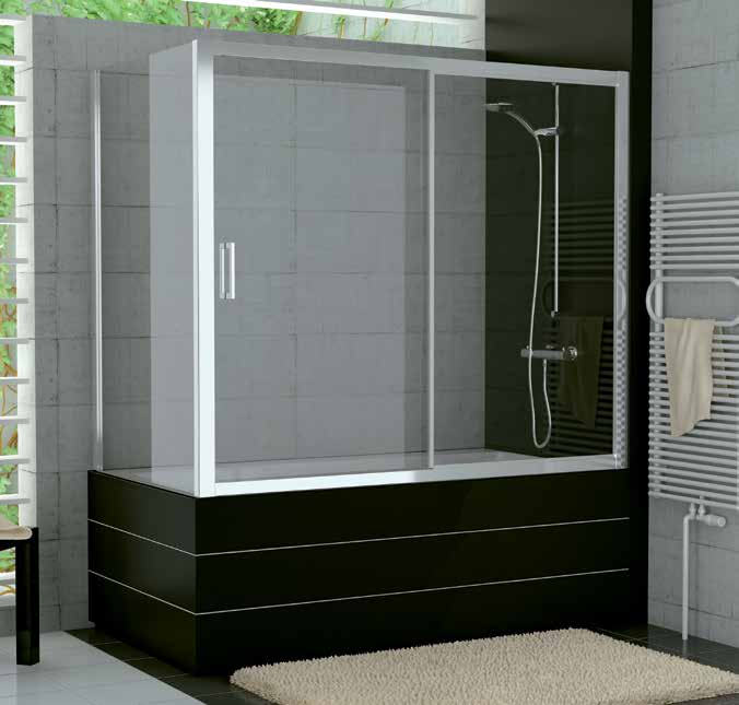 TOPB2 - vanové posuvné dveře s pevnou stěnou v rovině TOPV - boční stěna vanová TOP-LINE 6 mm bezpečnostní sklo s antiplakovou úpravou AQUAPERLE Barva bílá, matný elox, aluchrom a sanitární barvy