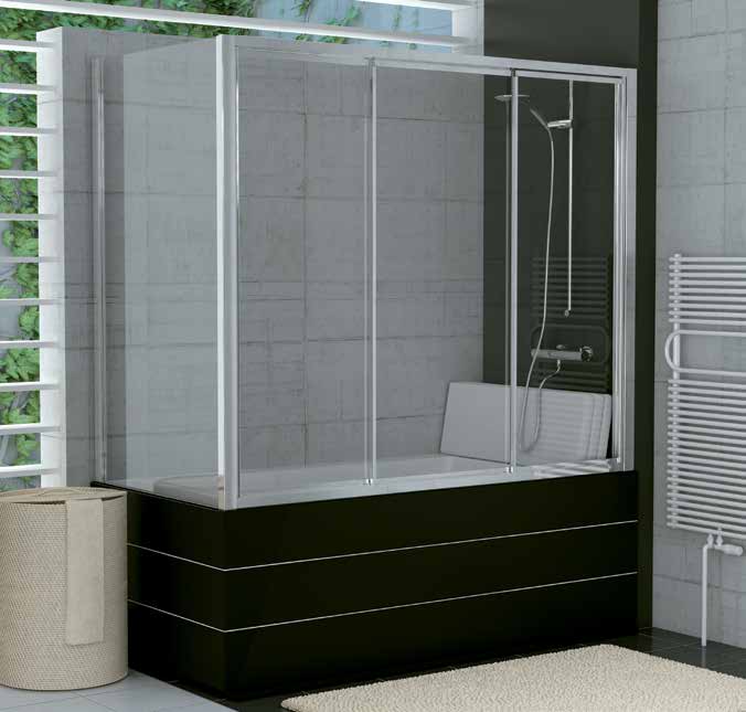 TOW3 - třídílné posuvné dveře vanové TOP-LINE TOW3 TOW3 + TOPV 3 mm bezpečnostní sklo s antiplakovou úpravou AQUAPERLE Barva bílá, matný elox, aluchrom a sanitární barvy Standardní výška 1500 mm