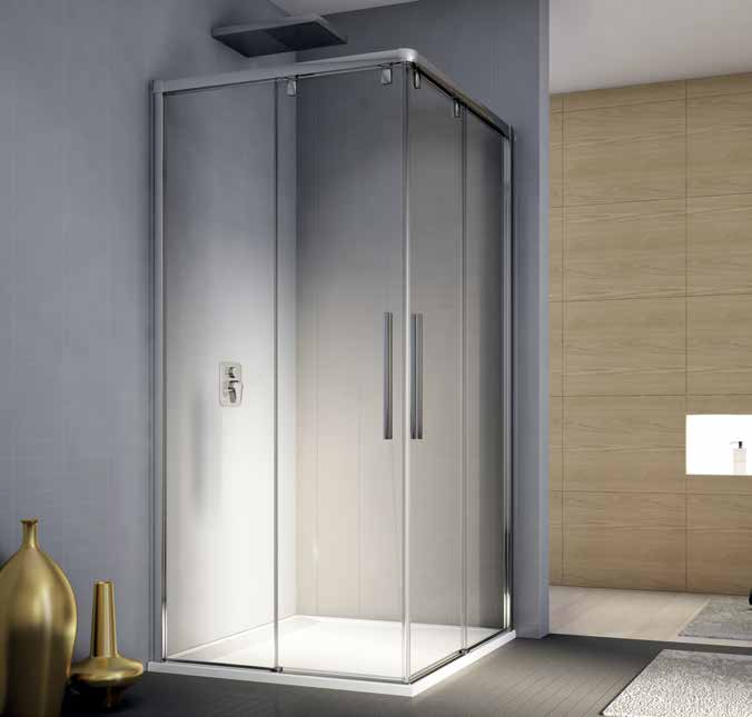 PLSE2 - rohový vstup s dvoudílnými posuvnými dveřmi PUR LIGHT S PLSE2 6 mm bezpečnostní sklo s antiplakovou úpravou Aquaperle Barva bílá, aluchrom a černá 5 mm prahová lišta Standardní výška 2000 mm