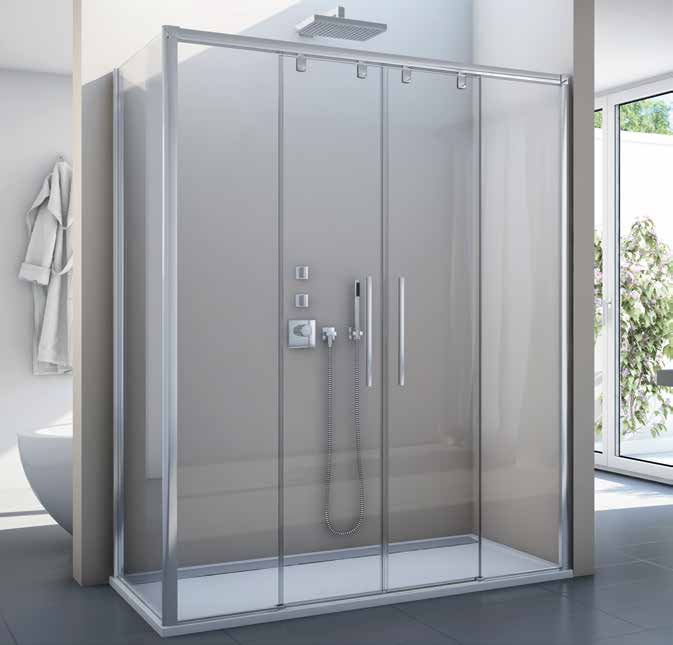 PLS4 - dvoudílné posuvné dveře s 2 pevnými stěnami v rovině PUR LIGHT S PLS4 PLST + PLS4 6 mm bezpečnostní sklo s antiplakovou úpravou Aquaperle Barva bílá, aluchrom a černá 5 mm prahová lišta
