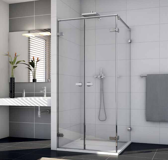 ME2 - dvoukřídlé dveře MET2 - boční stěna MELIA ME2 ME2 + 2x MET2W ME2 + MET2W ME2 + MET2A 8 mm bezpečnostní sklo s antiplakovou úpravou Aquaperle Chromované panty integrované Otvírání dveří ven i