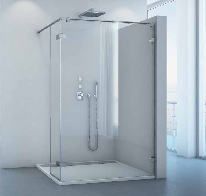 MEF - pevná stěna s krátkou otočnou stěnou MELIA MEFP MEFA 6 mm bezpečnostní sklo s antiplakovou úpravou AQUAPERLE Stabilizační vzpěra MEFP: Stěna s vyrovnávacím profilem MEFA: Stěna s L-kováním s