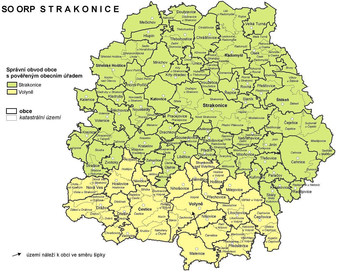 Obr. 2 Mapa správního obvodu ORP Strakonice (Zdroj: ČSÚ) Správní území obce s rozšířenou působností Strakonice zahrnuje 69 obcí, které se dále dělí na 153 částí obcí.