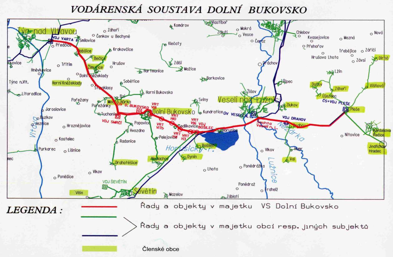 Obr. 13 Vodárenská soustava Dolní Bukovsko Následující tabulka podává přehled o napojení obcí SO ORP na vodov a kanalizaci.