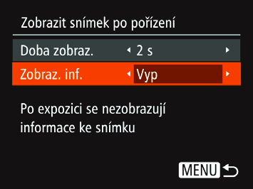 Rychlý s, s, s Přidržet Vyp Snímky se zobrazují pouze po dobu nutnou pro přípravu k expozici dalšího snímku. Snímky se zobrazují po zvolenou dobu.