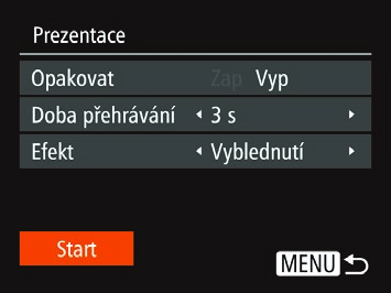 Změna nastavení prezentace Můžete nastavit opakování prezentací a měnit přechody mezi obrázky či dobu zobrazení jednotlivých snímků. Otevřete obrazovku nastavení.