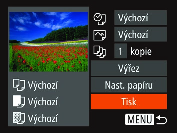 Zapněte tiskárnu. Zapněte fotoaparát. Zapněte fotoaparát stisknutím tlačítka [ Vyberte snímek. Zobrazte obrazovku pro tisk. Výchozí Datum Č. soub. Vytiskněte snímek.