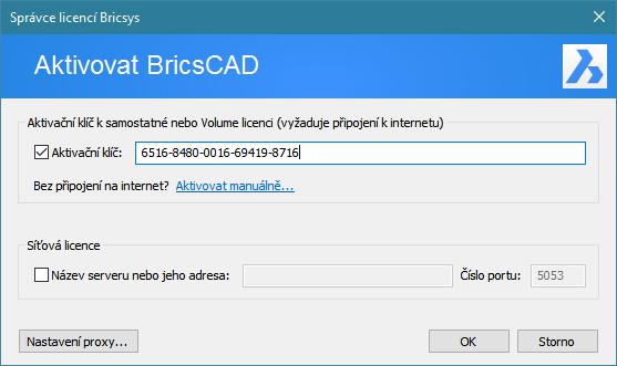 Po klepnutí na tlačítko Aktivovat nyní se otevře dialogové okno: BricsCAD > Aktivace a licencování BricsCADu Do pole Aktivační klíč zadejte zakoupený aktivační klíč a klepněte na tlačítko OK.