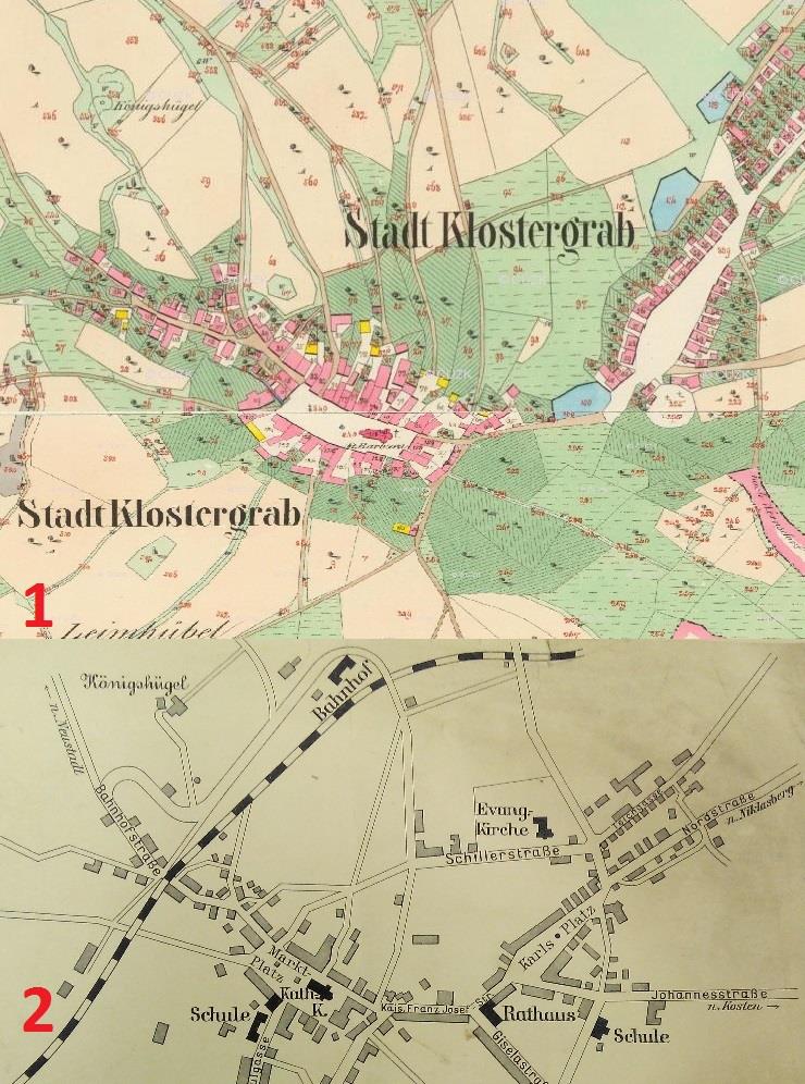 Obrázek 36 Mapa 1 - mapa stabilního katastru z roku 1842 obec Hrob před stavbou Krušnohorské železnice. Mapa 2 Plán města Hrobu po výstavbě Krušnohorské železnice, před rokem 1918.