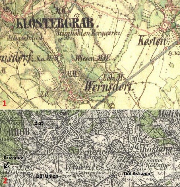 Charakter obce změnily také nově zakládané průmyslové podniky, které se rozkládaly hlavně ve Verneřicích a Mlýnech. Obrázek 37 Mapa 1 - mapa II.