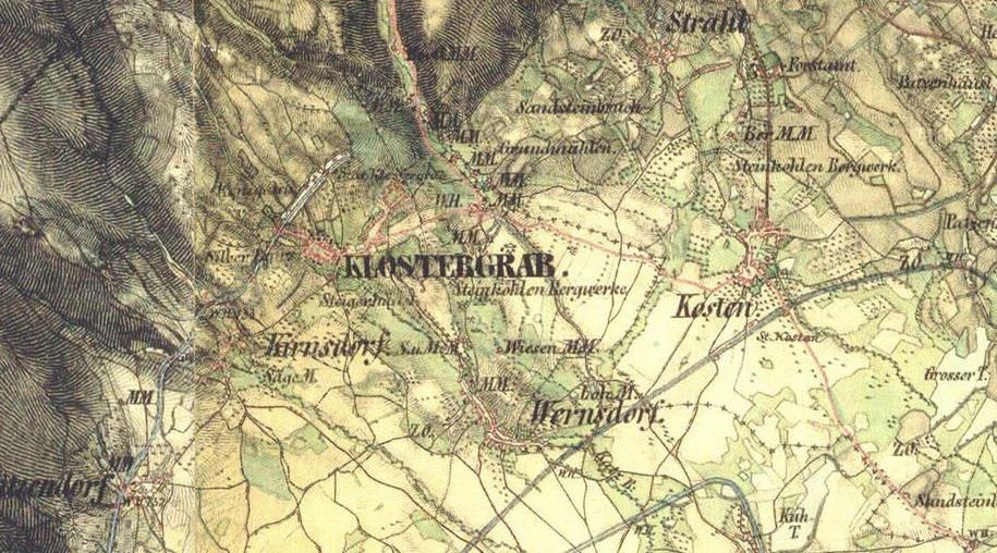 Černikov s důstojníky a kozáky, jejichž ubytování a vyživování představovalo také nemalé zatížení. 94 Obrázek 4 Mapa Hrobu a okolí. II. vojenské mapování 1836 1852. Zdroj: Mapy.cz.