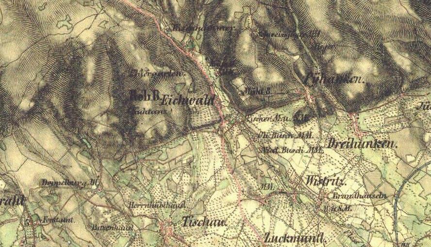 podobě, provozována dodnes. Původní papírna se změnila ve výrobnu majoliky a luxusní keramiky. Zanikla v letech 1950 1951. 101 Obrázek 5 Mapa Dubí a okolí. II. vojenské mapování 1836 1852.