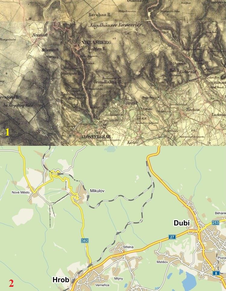 (725 m n. m.) se od Mikulova liší menší zalesněností. V okolí těchto obcí se nacházely spíše rozsáhlé louky a pastviny. 297 Obrázek 29 Mapa 1 mapa II.