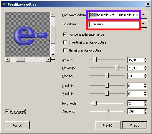 Preslikava odtisa Za boljši 3D izgled besedila bomo uporabili filter Preslikava odtisa.