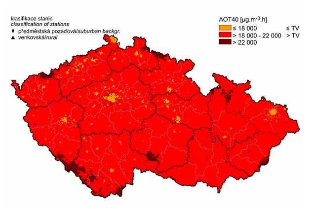 VYHODNOCENÍ INDIKÁTORU Obr. 1 Pole hodnot indexu AOT40, průměr za 5 let [µg.m -3.
