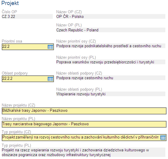 Projekt Na této záložce je třeba nejdříve vybrat prioritní osu a oblast podpory v rámci které má být žádost předložena. Podle volby těchto položek se načtou ostatní šedá pole.