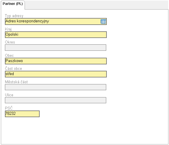 Adresy partnera Vyplnění tohoto okna je ekvivalentní s