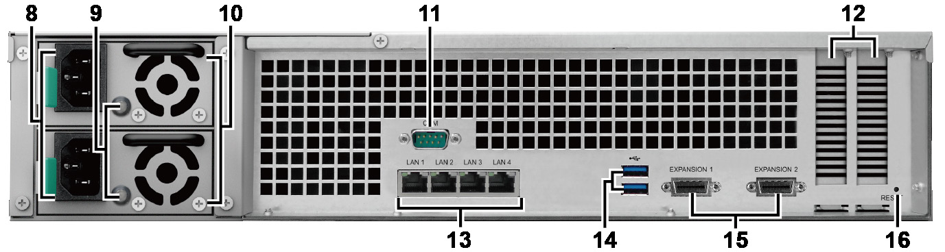 Stručné informace o zařízení Synology RackStation Číslo Název položky Umístění Popis 1 Hlavní vypínač a kontrolka 2 Kontrolka Status 3 Kontrolka výstrahy 4 Tlačítko vypnutí zvukového signálu 5