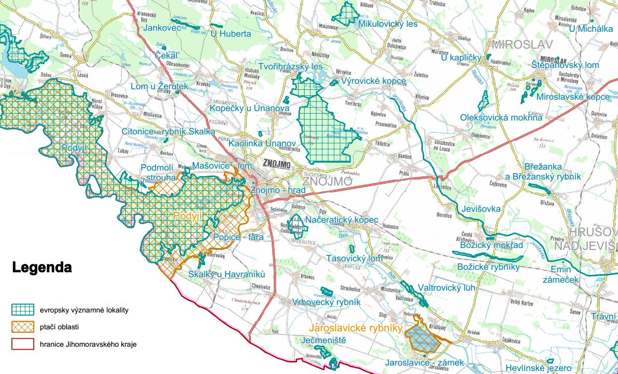 SCLLD MAS Znojemské vinařství pro období 2014 2020 Obrázek 5 ilustruje umístění různých chráněných území nejen na území MAS (evropsky významné lokality, výskyt ptačích oblastí atd.