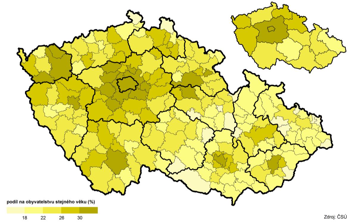 65 69 let 23,8 %) s velkým náskokem před Středočeským krajem (3,5 % a 12,9 %).