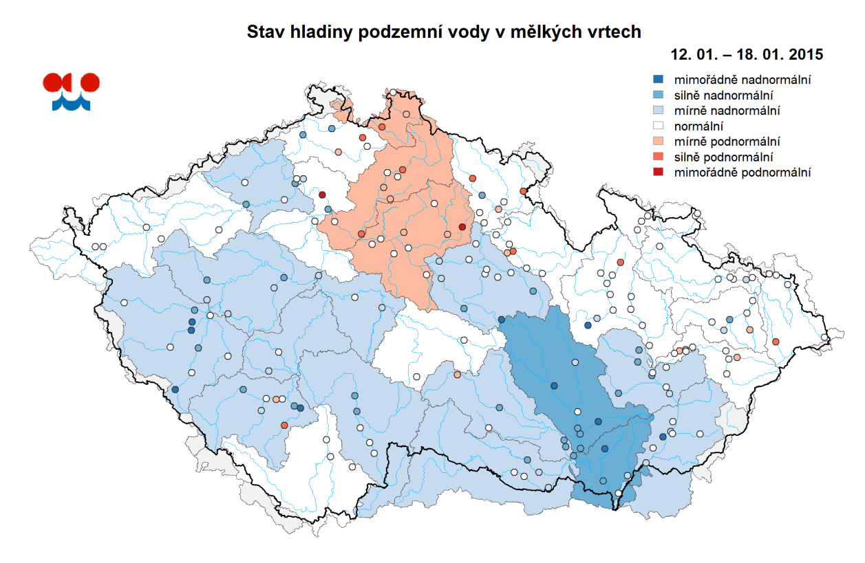 Mapa ukazuje stav podzemní vody ve sledovaných vrtech a oblastech povodí dle pravděpodobnosti překročení úrovně hladin v daném kalendářním měsíci v referenčním období 1981 2010 (viz text).