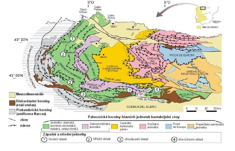 tvorby variského pohoří. Studovaná zóna je zahrnuta do sobiaské jednotky (Unidad de Sobia). Obr. 1.3: Členění Asturie na geologické jednotky.