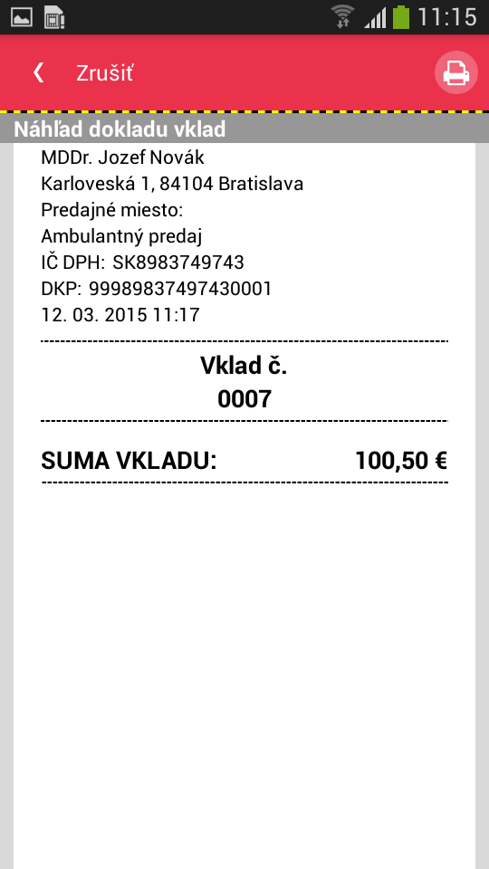 Strana 32 / 58 2.7.3 Vklad Pre vygenerovanie nového dokladu vyberieme zo zoznamu položku Vklad. Zobrazí sa hneď obrazovka, do ktorej sa zadáva požadovaná výška vkladu (do poľa Suma vkladu).