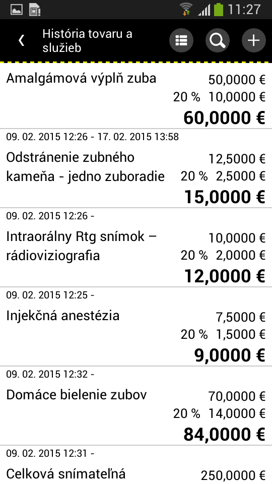 Strana 51 / 58 2.10.3 História tovaru a služieb Na obrazovke sa zobrazí história položiek tovaru a služieb so všetkými parametrami: - názov tovaru/služby, - dátum a čas vloženia, príp.