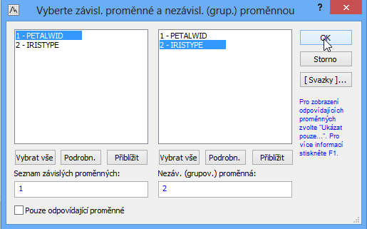 dvou nezávislých vzorků (skupiny)->ok V případě, že by vstupní data byla ve formátu, že hodnoty okvětních lístků pro Setosu a