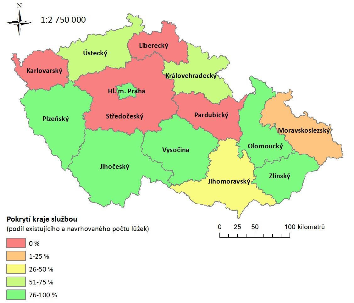 Mapa 8-9: Pokrytí kraje službou lůžková péče Za terapeutickou komunitu pro uživatele drog se ve Sčítání adiktologických služeb 2012 označilo 16 zařízení, certifikováno je 11 zařízení, krajští