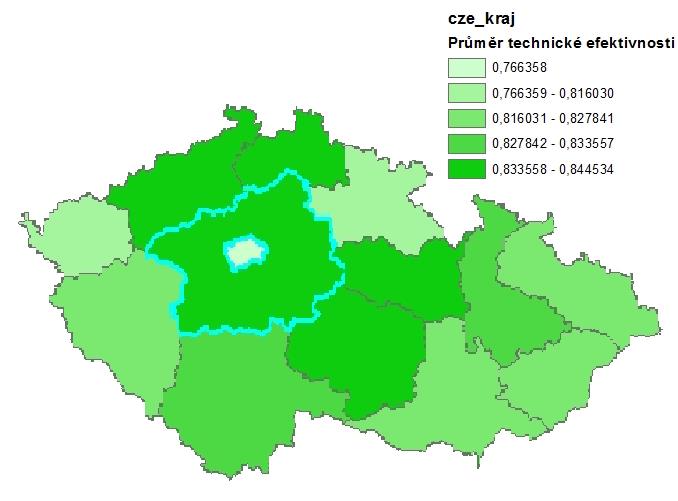 Obrázek 2: Průměrná technická efektivnost v jednotlivých krajích ČR Zdroj: vlastní zpracování, výstup ze SW ArcMap 10.1 5.