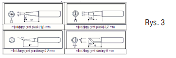 Navíc lze zakoupit a používat hroty: 1) měděný plochý 3,2 mm DED754112; 2) měděný bodový 0,2 mm DED754113; 3) měděný šikmý 5 mm DED 754114 (obr. 3) Obr.