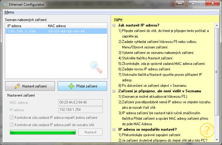 POPIS ETHERNET KOFIGURÁTORU Postupujte podle bodů v sekci TIPY G A C