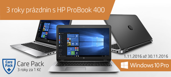 3 roky prázdnin s HP ProBook 400 1.11. 2016 až 30.11. 2016 K notebookům HP ProBook řady 400 s OS Win 10 Pro rozšíření záruky na 3 roky (Oprava zařízení v servisním středisku) za 1 Kč.