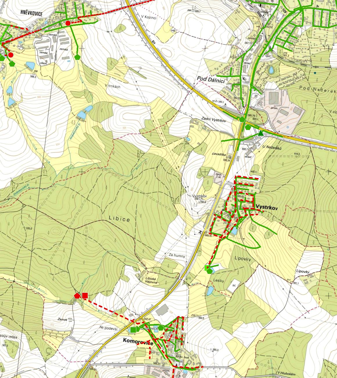 MAPA - KANALIZACE Trasování sítí, lokalizace ČOV, čerpacích stanic, výústí, odlehčovacích komor