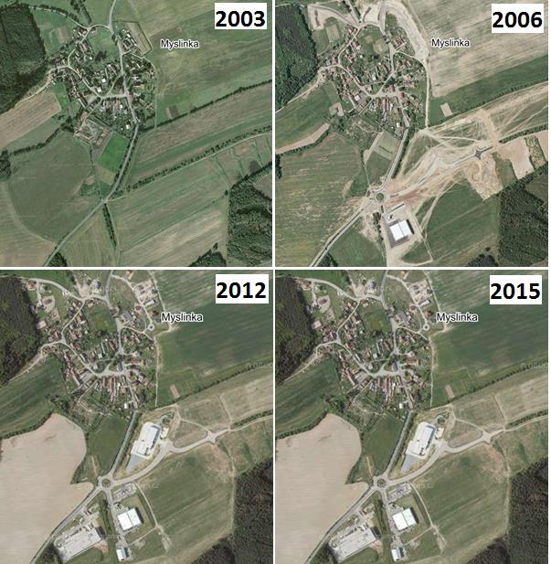 Obr. Vývoj zástavby v obci Myslinka v období 2003 2015 Zdroj: mapy.