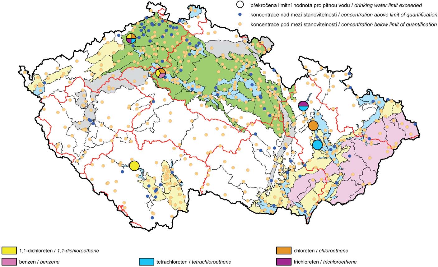 Mapa III.2 Výskyt zvýšených koncentrací těkavých organických látek v podzemních vodách v roce 21. Map III.
