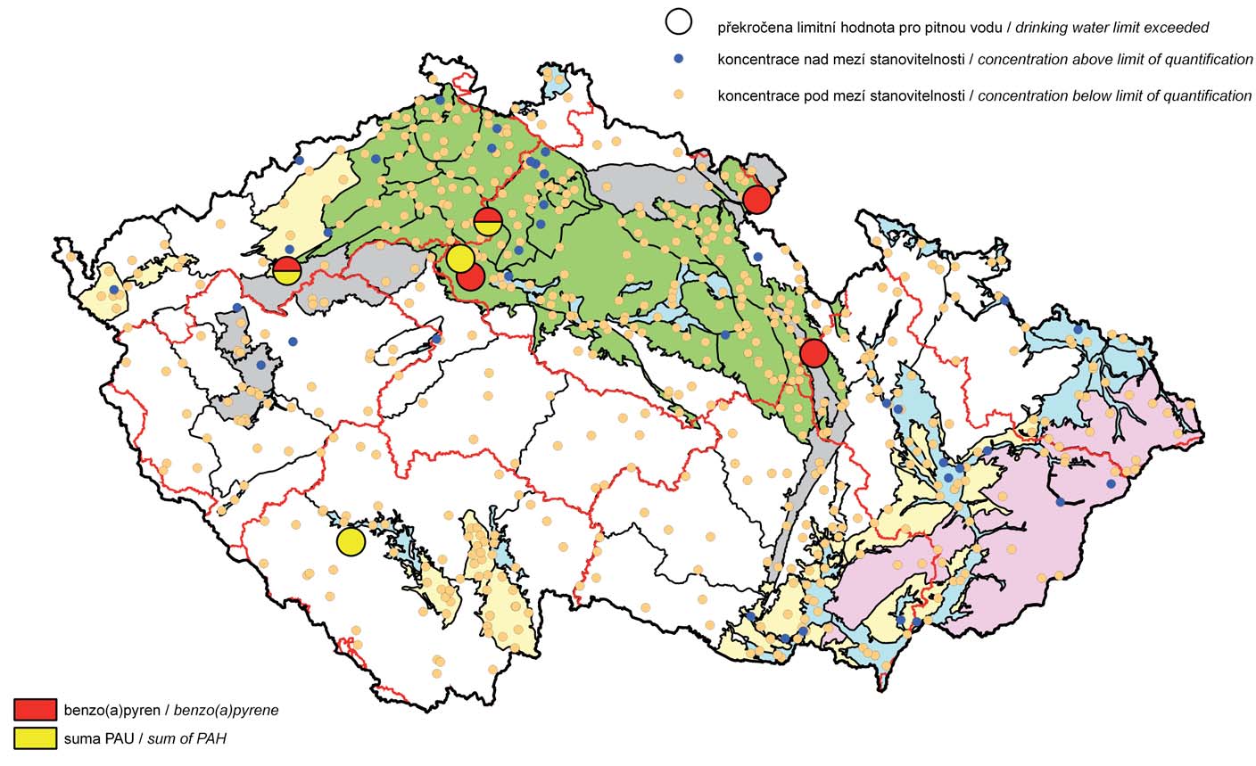 Mapa III.3 Výskyt zvýšených koncentrací polycyklických aromatických uhlovodíků v podzemních vodách v roce 21.