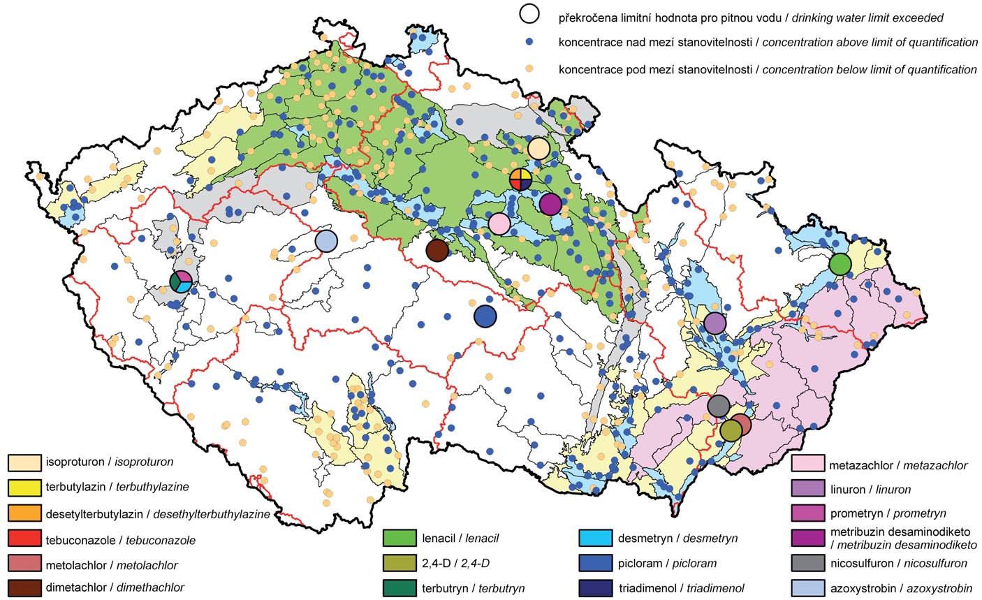 Mapa III.4 Výskyt zvýšených koncentrací pesticidů v podzemních vodách v roce 21 (látky, které překročily limit pouze v 1 objektu monitorovací sítě). Map III.