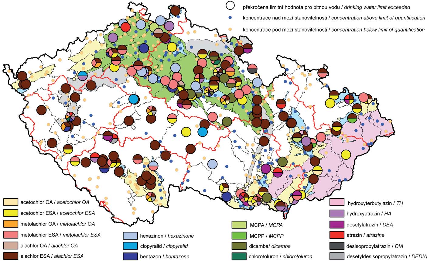 Mapa III.5 Výskyt zvýšených koncentrací pesticidů v podzemních vodách v roce 21 (látky, které překročily limit ve 2 a více objektech monitorovací sítě). Map III.