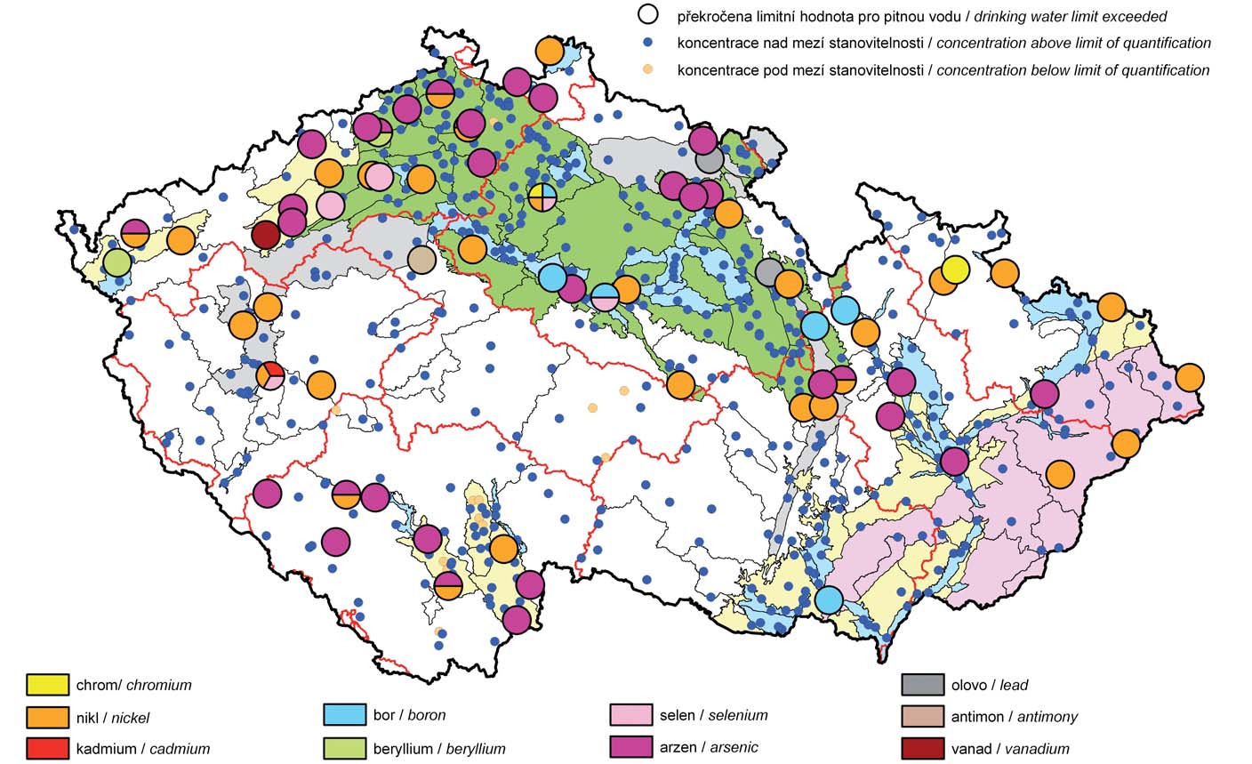 Mapa III.6 Výskyt zvýšených koncentrací stopových prvků v podzemních vodách v roce 21. Map III.