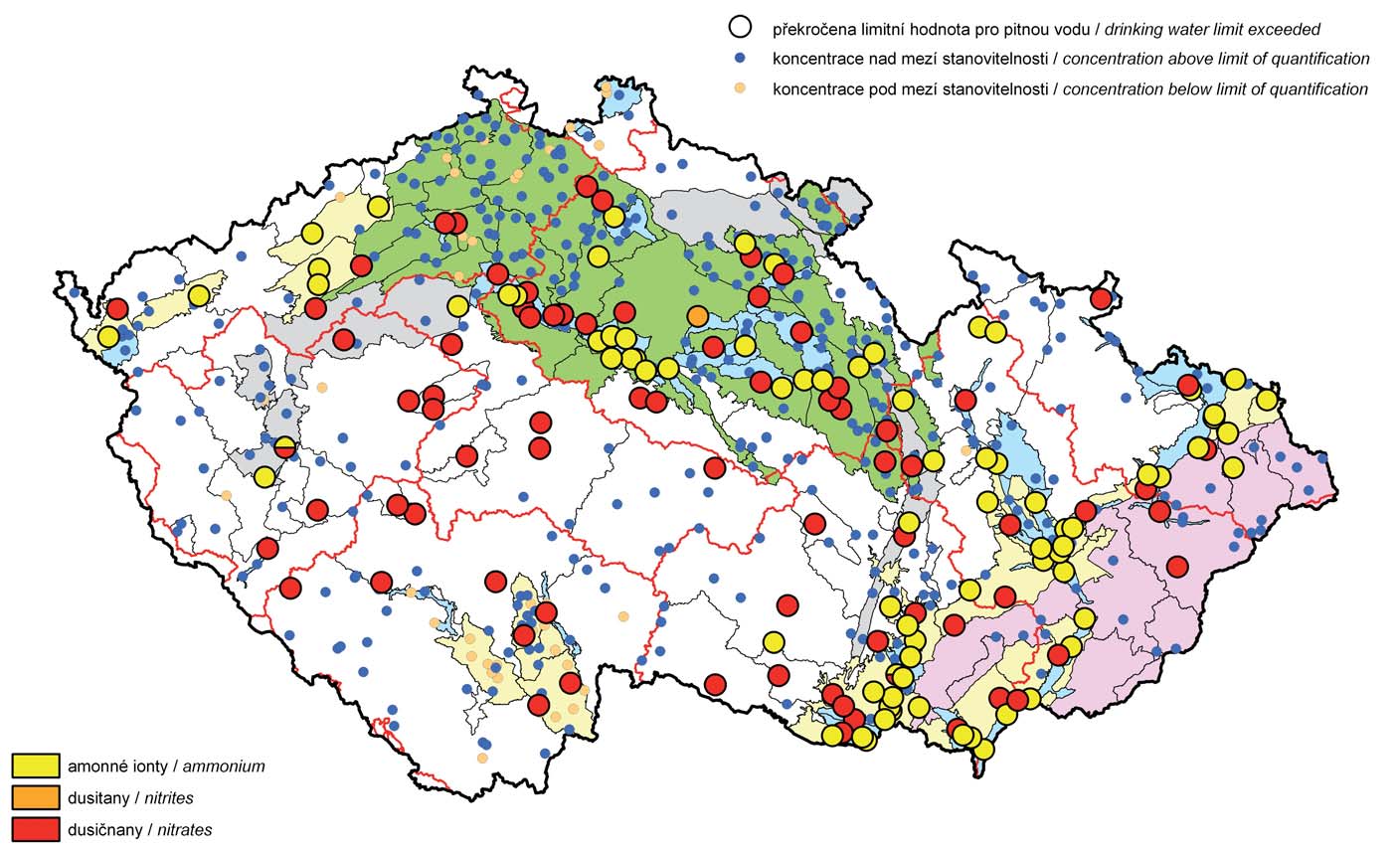 Mapa III.7 Výskyt zvýšených koncentrací amonných iontů, dusitanů a dusičnanů v podzemních vodách v roce 21. Map III.