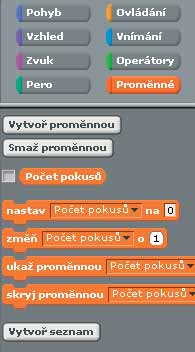 V paletě Proměnné klikněte na tlačítko Vytvoř proměnnou a vytvořte novou proměnnou s názvem Počet pokusů.