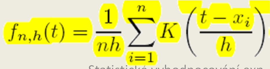 Jádrový odhad hustoty Př.: mějme datový soubor x 1, x 2, x 3,, x n, jádrová funkce bude Epanechnikov a h = 0,5. První transformujeme K na šířku pásma h, tzn.