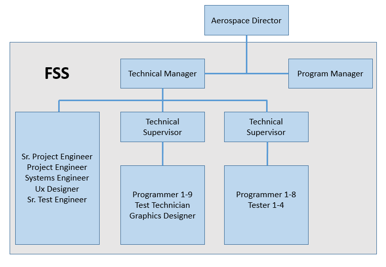 Obrázek č. 9: Organizační struktura FSS týmu, Zdroj: Upraveno dle (16) Na obrázku č. 9 lze vidět organizační strukturu týmu FSS. V tomto týmu jsou zastoupeny všechny důležité role pro vývoj softwaru.