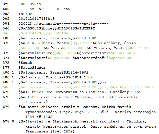 Obrázek 3: Příklad rozšířeného formátu MARC21 (pro čitelnost prezentováno jako řádkový MARC), zvýrazněné části porovnej s obrázkem 2 Při zadávání projektu INTERPI jsme počítali s tím, že v průběhu